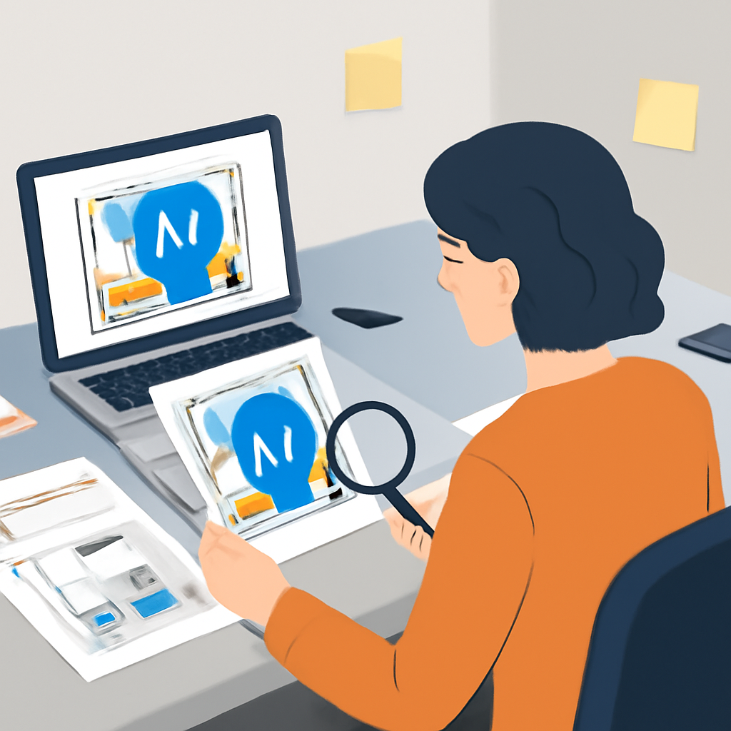 A marketing designer reviewing AI-generated campaign artwork at a desk with a laptop, printed mockups, sticky notes, a checklist and a magnifying glass.