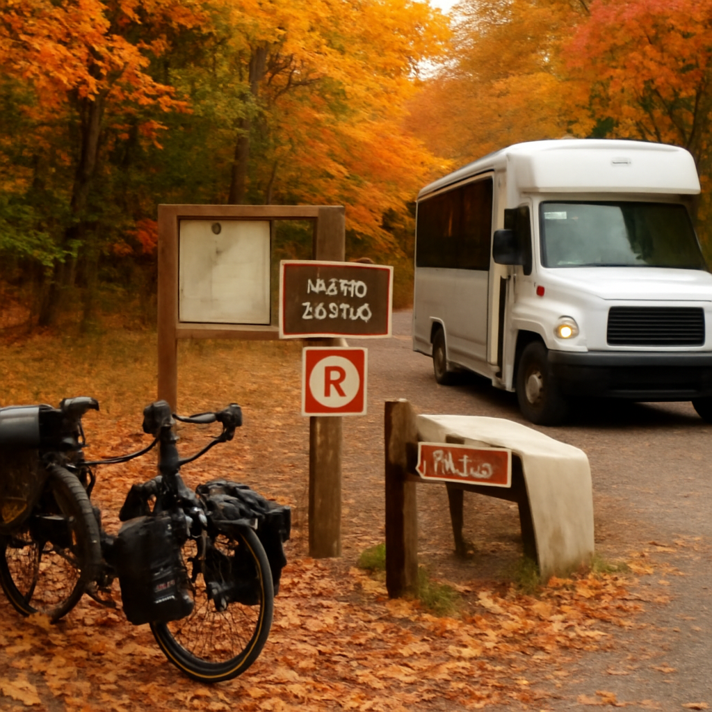 Touring bicycles beside a trail access area and a generic passenger shuttle in autumn woodland, with no riders entering a closed area and no official logos or fabricated map details.
