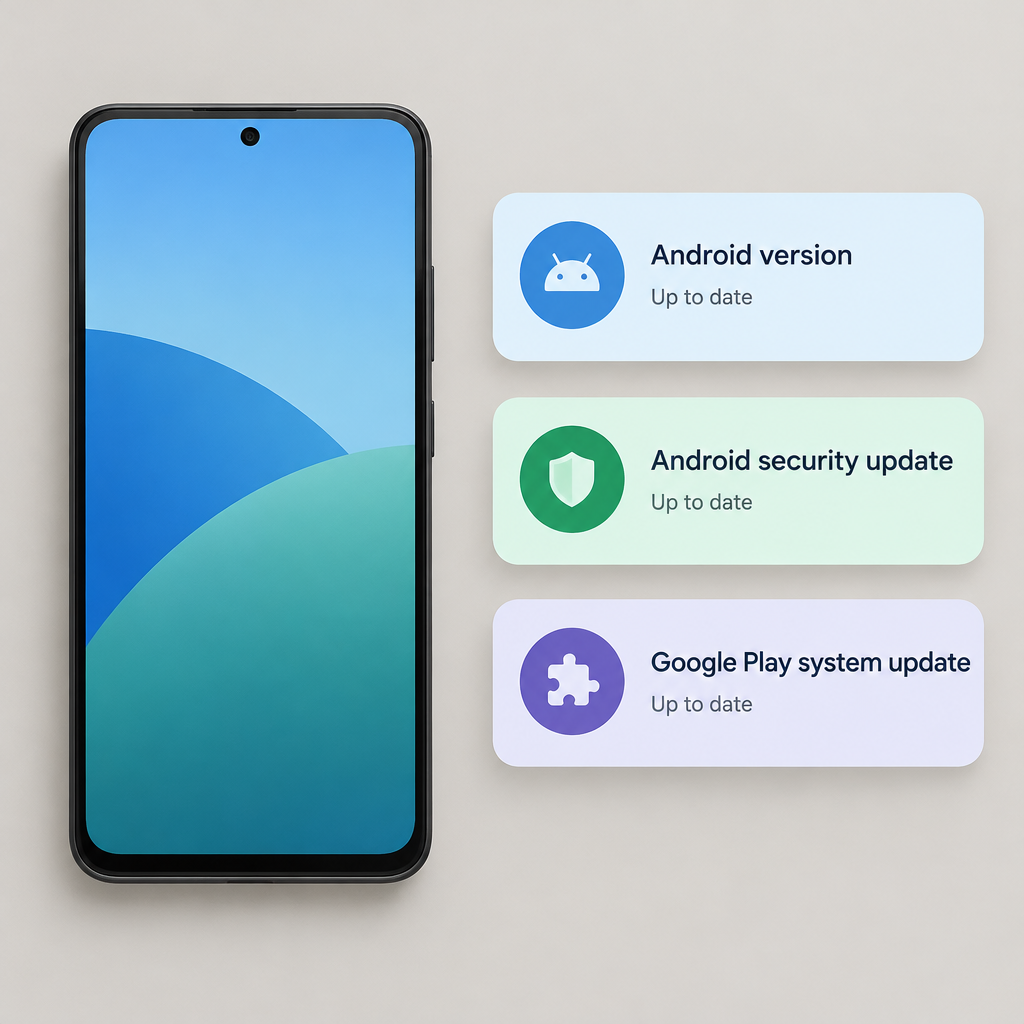 Conceptual smartphone illustration beside separate Android version, security update and Play system update cards.
