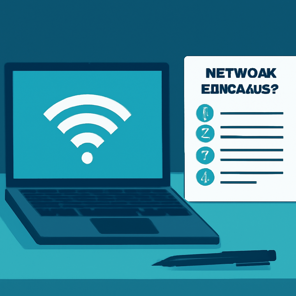 Original illustration: a laptop beside a network troubleshooting checklist.